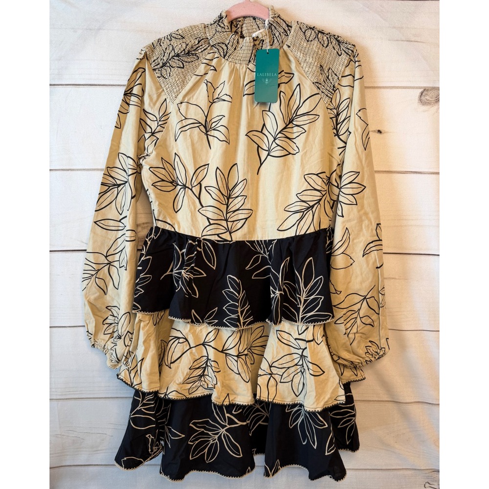 Lalibela Tan Black Leaf Print Smocked Tiered Ruffle Cotton Mini Dress S/M NEW